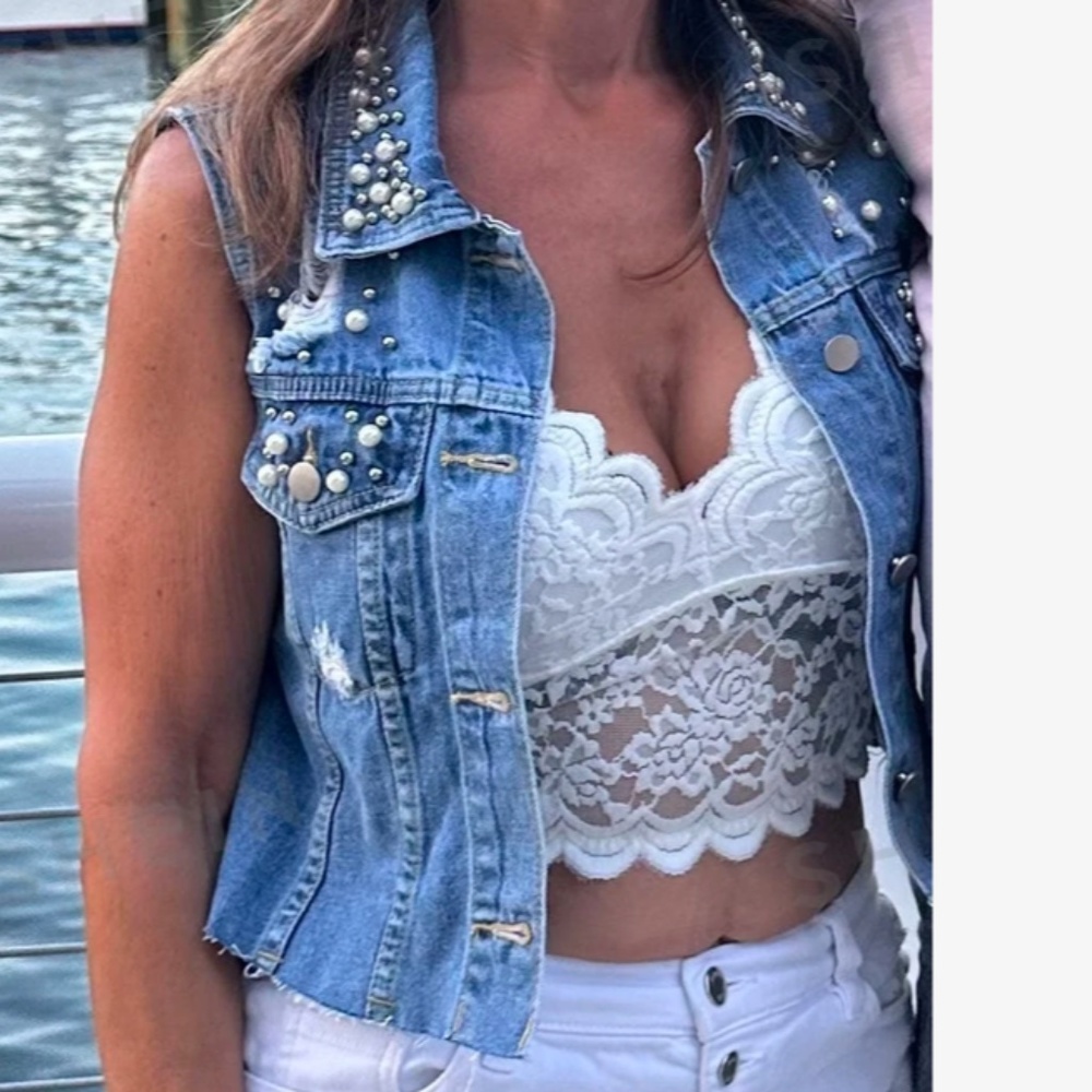 Distressed Button Jean Cropped Denim Vest Jacket
